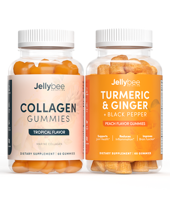Two bottles of JellyBee gummies side by side: Collagen tropical flavor and Turmeric & Ginger peach flavor